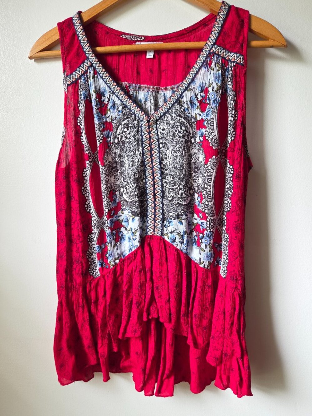 EUC PATRONS OF PEACE BOHO PRINT V NECK RUFFLED HEM TANK TOP SIZE M - Picture 2 of 13